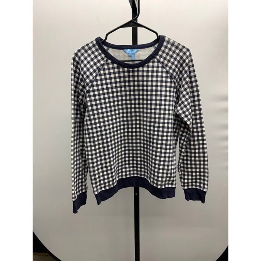 Draper James White Navy Blue Gingham Crewneck Sweatshirt